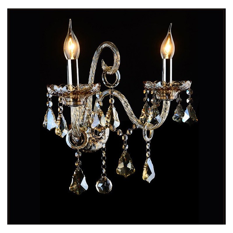 Applique da parete retrò in vetro cognac con cristallo K9, 2 luci