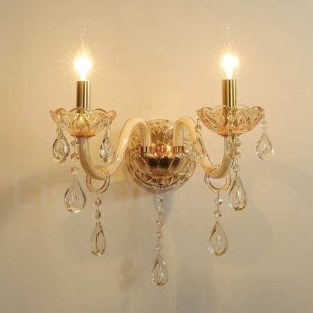 Applique da parete retrò in vetro oro con cristallo K9 effetto candela 2 luci