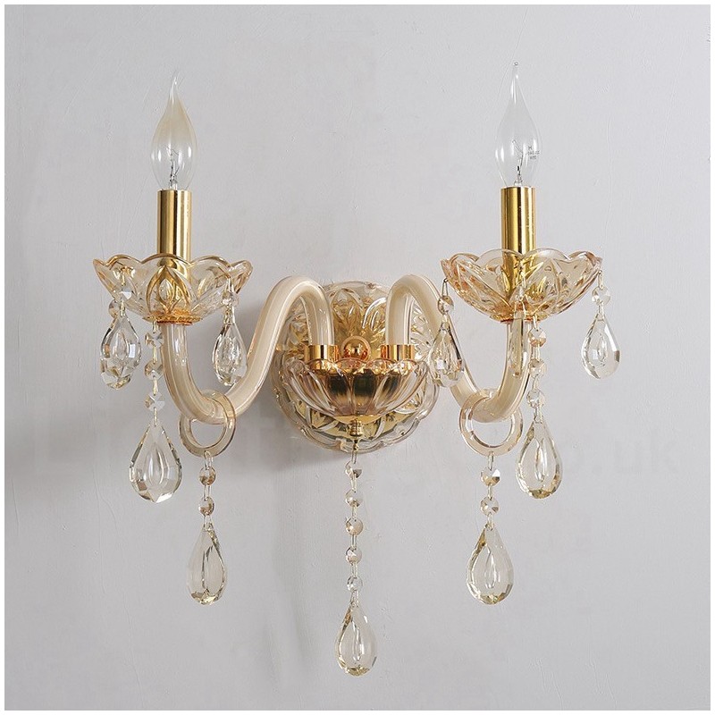 Applique da parete retrò in vetro oro con cristallo K9 effetto candela 2 luci
