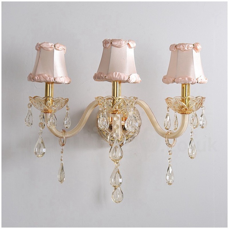 Applique da parete retrò in vetro e cristallo K9 oro chiaro 3 luci