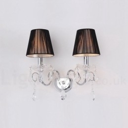 Applique da parete retrò in vetro con cristalli K9, argento cromato, 2 luci, paralumi neri