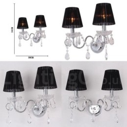 Applique da parete retrò in vetro con cristalli K9, argento cromato, 2 luci, paralumi neri
