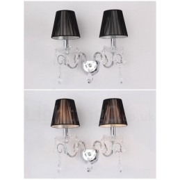 Applique da parete retrò in vetro con cristalli K9, argento cromato, 2 luci, paralumi neri