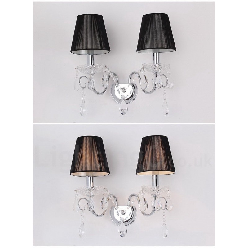 Applique da parete retrò in vetro con cristalli K9, argento cromato, 2 luci, paralumi neri