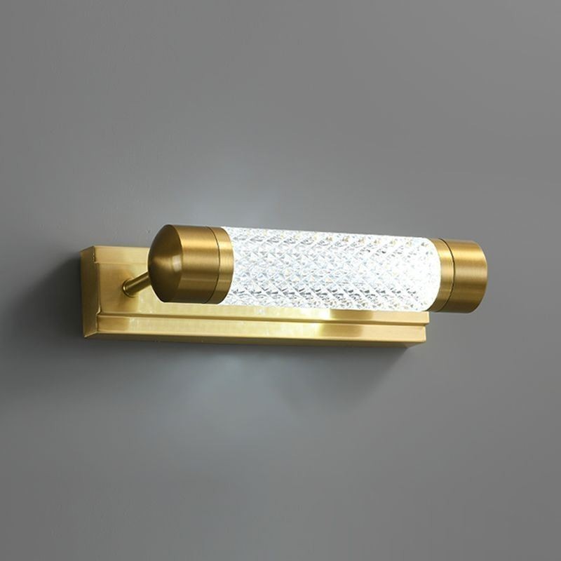 Applique da parete in ottone con cilindro in acrilico e luce frontale a specchio