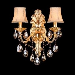 Applique da parete europea petalo dorato con gocce di cristallo, 2 luci E12/E14