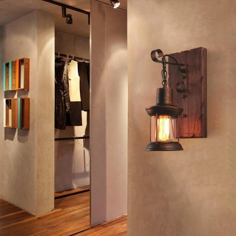 Applique da parete vintage in legno massello e vetro stile industriale LOFT