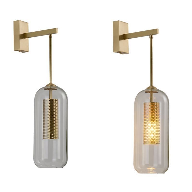 Applique da parete nordica in ottone con paralume in vetro cilindrico cavo 22×59 cm