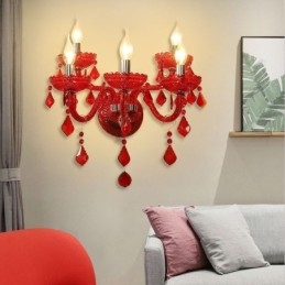 Applique da parete in cristallo rosso stile europeo 5 luci E12/E14 48×45 cm