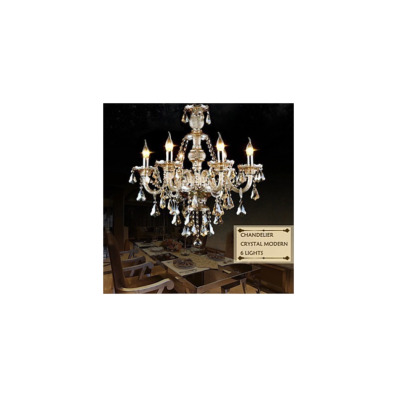 Lampadario moderno contemporaneo in cristallo e vetro cognac a 6 luci