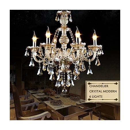Lampadario moderno contemporaneo in cristallo e vetro cognac a 6 luci