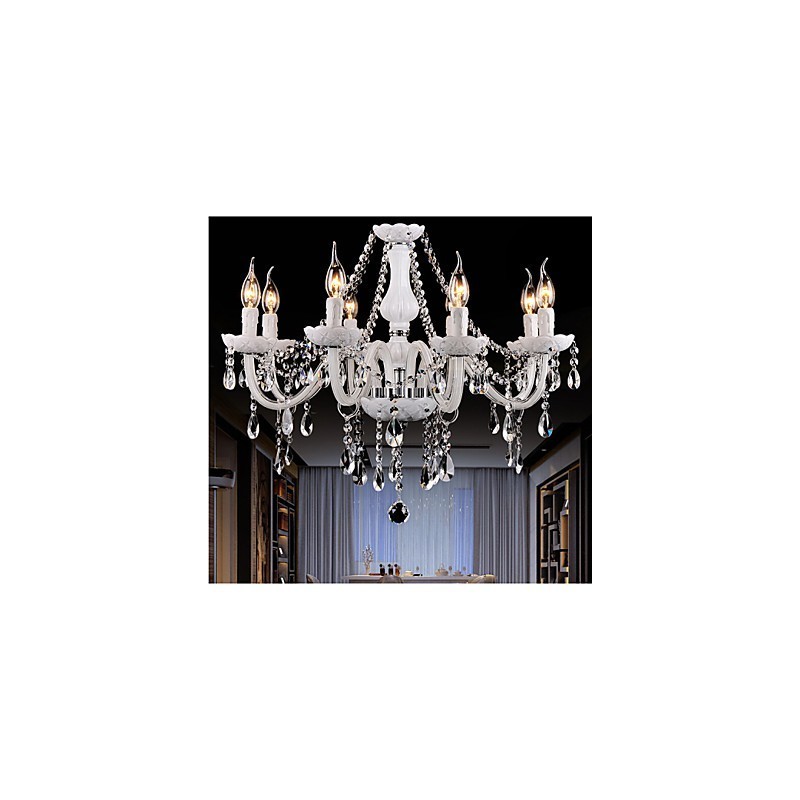 Lampadario moderno in cristallo e vetro bianco 8 luci E12/E14