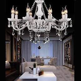 Lampadario moderno in cristallo e vetro bianco 8 luci E12/E14