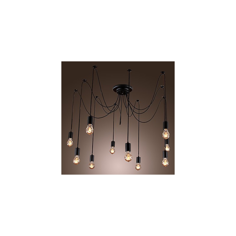 Lampadario vintage nero 10 luci con lampadine incluse, sospensione regolabile