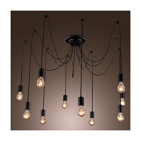Lampadario vintage nero 10 luci con lampadine incluse, sospensione regolabile