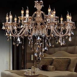 Lampadario in cristallo cognac moderno a 2 livelli, 15 luci