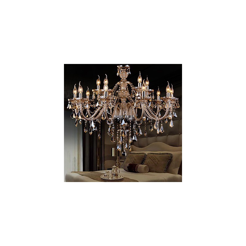 Lampadario in cristallo cognac moderno a 2 livelli, 15 luci