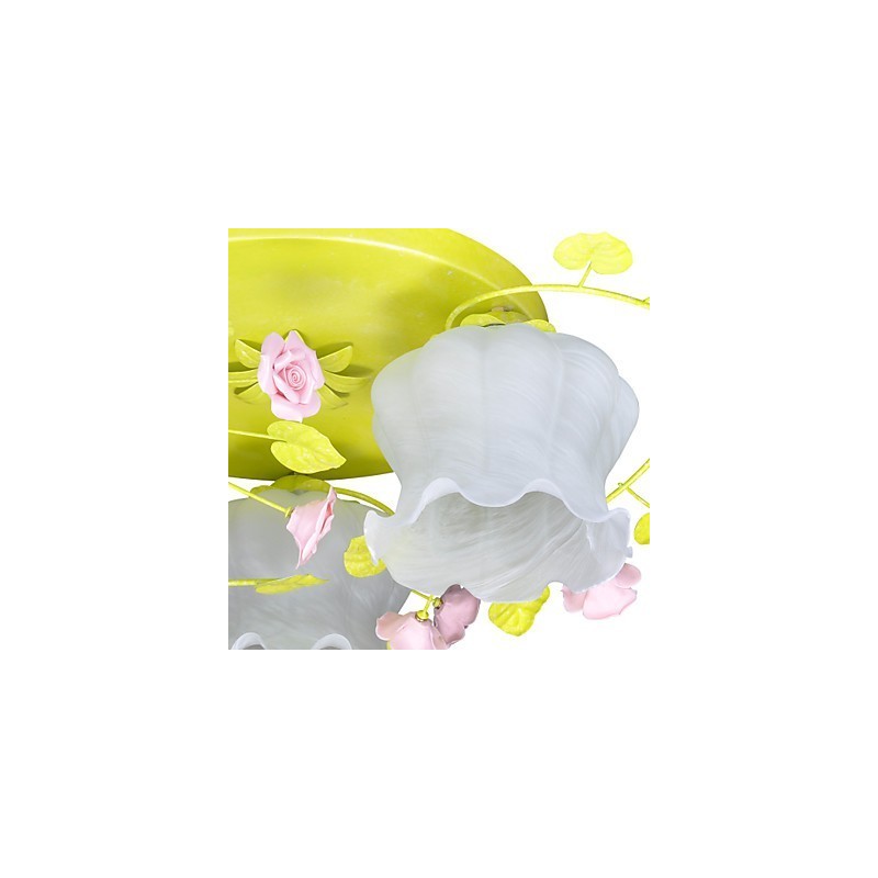 Plafoniera creativa a filo verde con paralume trasparente e decorazioni rosa in ceramica