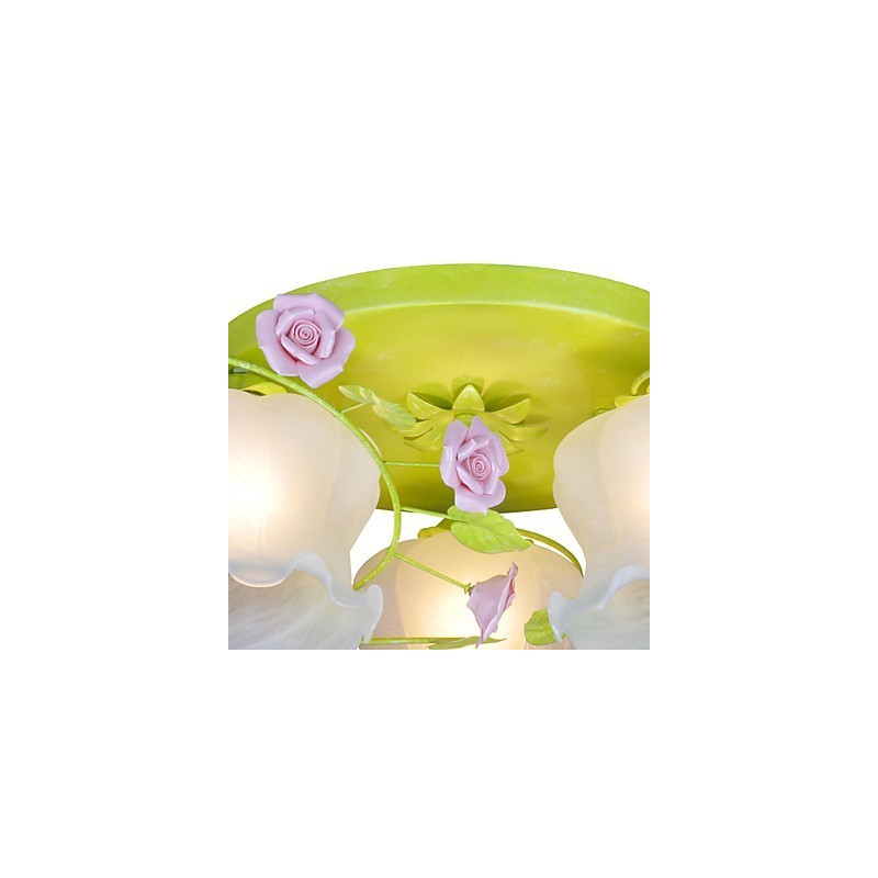 Plafoniera creativa a filo verde con paralume trasparente e decorazioni rosa in ceramica