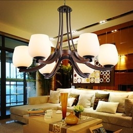 Lampadario classico in metallo dipinto marrone con paralumi in vetro bianco, 3 luci E26/E27