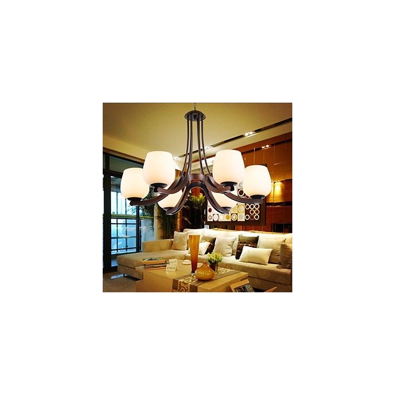 Lampadario classico in metallo dipinto marrone con paralumi in vetro bianco, 3 luci E26/E27