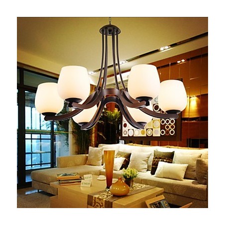 Lampadario classico in metallo dipinto marrone con paralumi in vetro bianco, 3 luci E26/E27