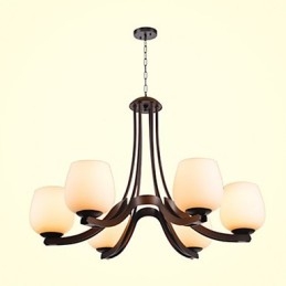 Lampadario classico in metallo dipinto marrone con paralumi in vetro bianco, 3 luci E26/E27