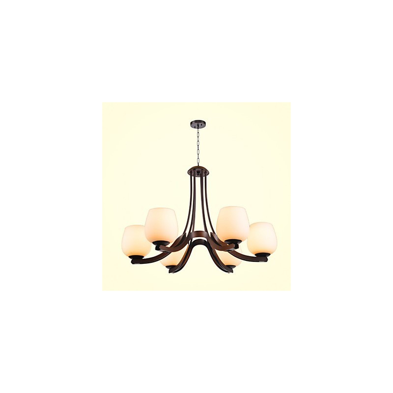 Lampadario classico in metallo dipinto marrone con paralumi in vetro bianco, 3 luci E26/E27