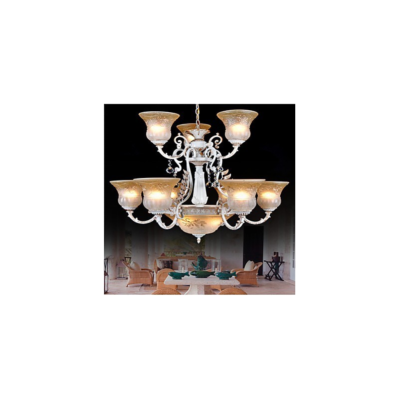 Lampadario bianco a 12 luci in vetro dorato fatto a mano, stile europeo retrò classico