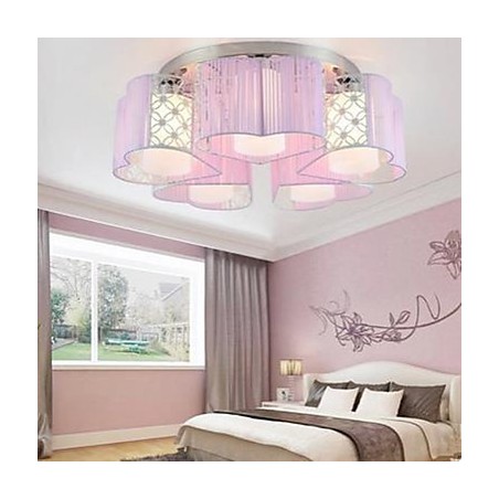 Plafoniera a filo moderna cromata con paralume in tessuto viola e rosa 3 lampadine