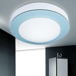 Plafoniera a filo LED bianca in metallo e acrilico con dettagli viola, arancioni e blu