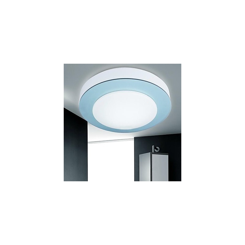 Plafoniera a filo LED bianca in metallo e acrilico con dettagli viola, arancioni e blu