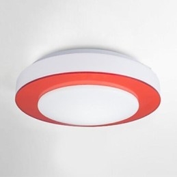 Plafoniera a filo LED bianca in metallo e acrilico con dettagli viola, arancioni e blu