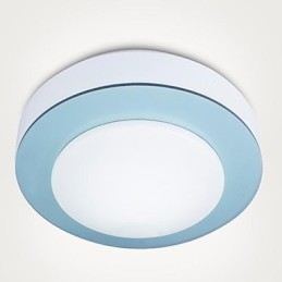 Plafoniera a filo LED bianca in metallo e acrilico con dettagli viola, arancioni e blu