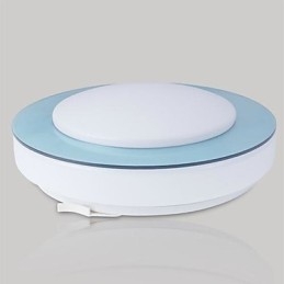 Plafoniera a filo LED bianca in metallo e acrilico con dettagli viola, arancioni e blu