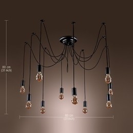 Lampadario vintage nero 10 luci con lampadine incluse, sospensione regolabile