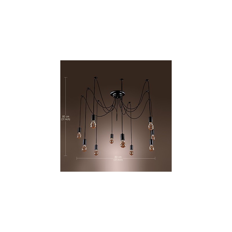 Lampadario vintage nero 10 luci con lampadine incluse, sospensione regolabile