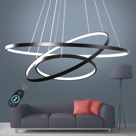 Lampada a sospensione LED dimmerabile con telecomando, tre anelli, nero/bianco