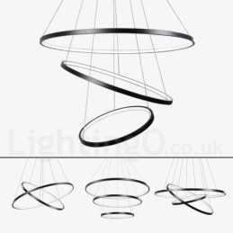 Lampada a sospensione LED dimmerabile con telecomando, tre anelli, nero/bianco