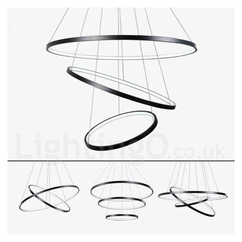 Lampada a sospensione LED dimmerabile con telecomando, tre anelli, nero/bianco