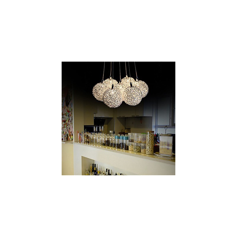 Lampada a sospensione LED moderna a 7 luci in alluminio argento