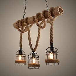 Lampadario a sospensione retrò americano in corda di bambù a 3 luci