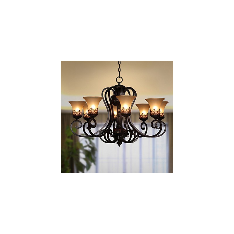 Lampadario a sospensione vintage country island a 8 luci in metallo e vetro