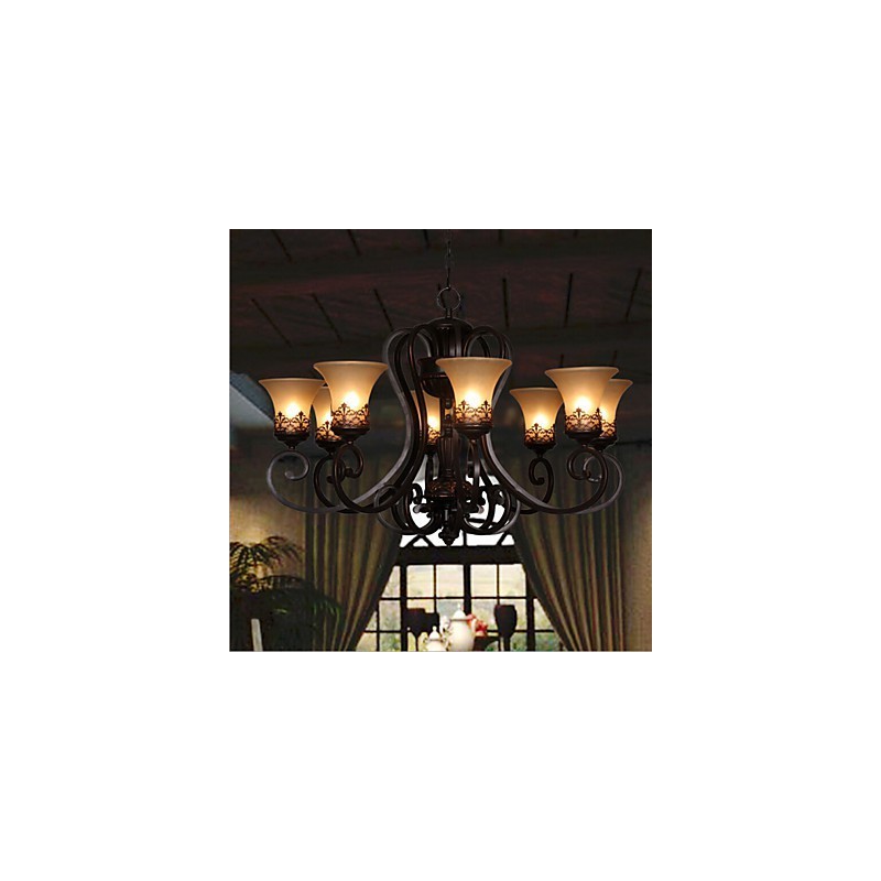 Lampadario a sospensione vintage country island a 8 luci in metallo e vetro