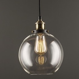 Lampada a sospensione industriale in ottone anticato con paralume in vetro trasparente