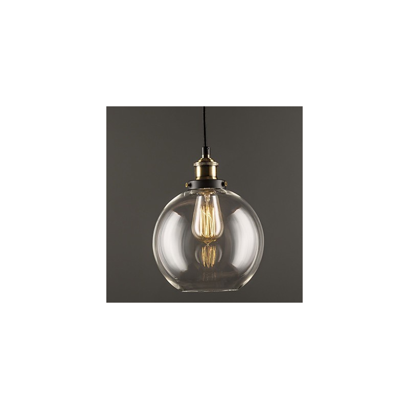 Lampada a sospensione industriale in ottone anticato con paralume in vetro trasparente