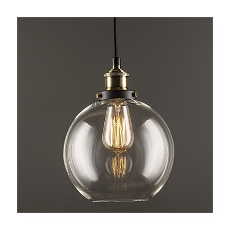 Lampada a sospensione industriale in ottone anticato con paralume in vetro trasparente