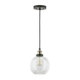 Lampada a sospensione industriale in ottone anticato con paralume in vetro trasparente