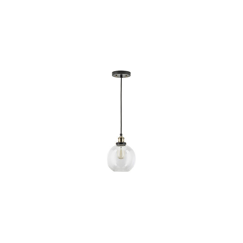 Lampada a sospensione industriale in ottone anticato con paralume in vetro trasparente