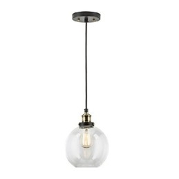 Lampada a sospensione industriale in ottone anticato con paralume in vetro trasparente